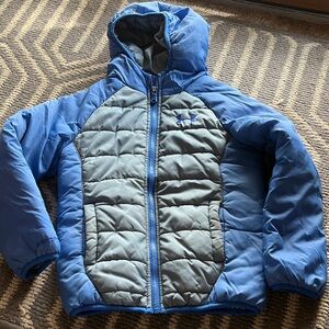Blue Hooded Puffer Jacket with Light Gray Front Panels